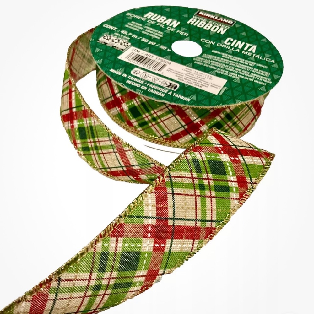 Christmas Ribbon, Wired Christmas Plaid, Traditional RED, Green Gold on Beige